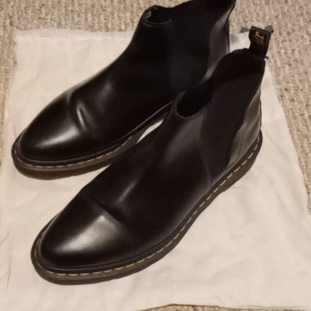 Dr. Martens Black Leather Chelsea Booties with Yellow Stitching